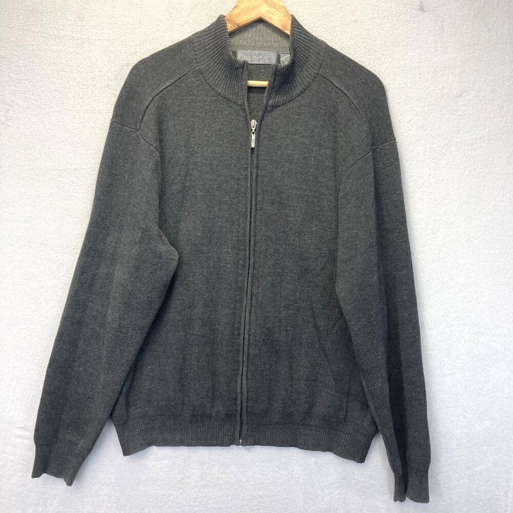 Oscar de la Renta Full Zip Up Sweater Mens XL Gray Mock Neck Ribbed Knit Dadcore